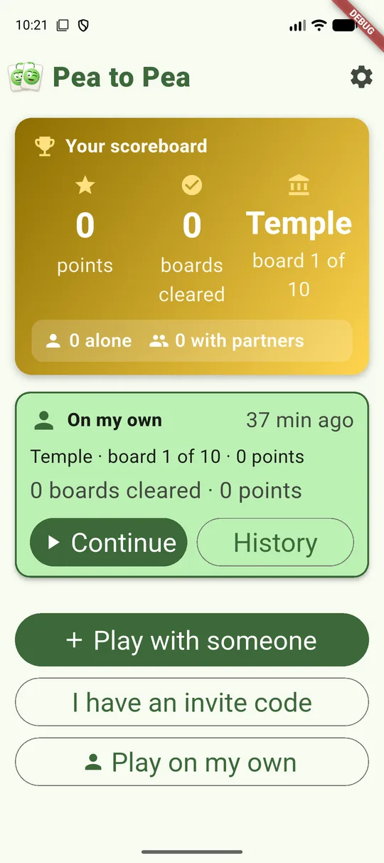 Home page with the scoreboard and one card per partner