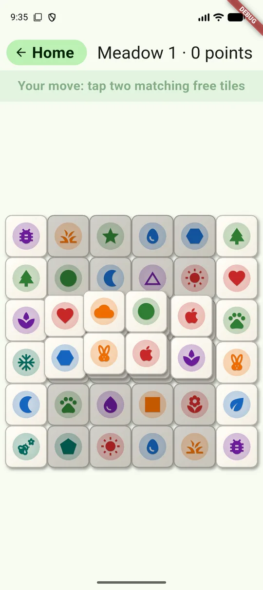 A Meadow board in Pea to Pea: six by six tiles with big, clear pictures